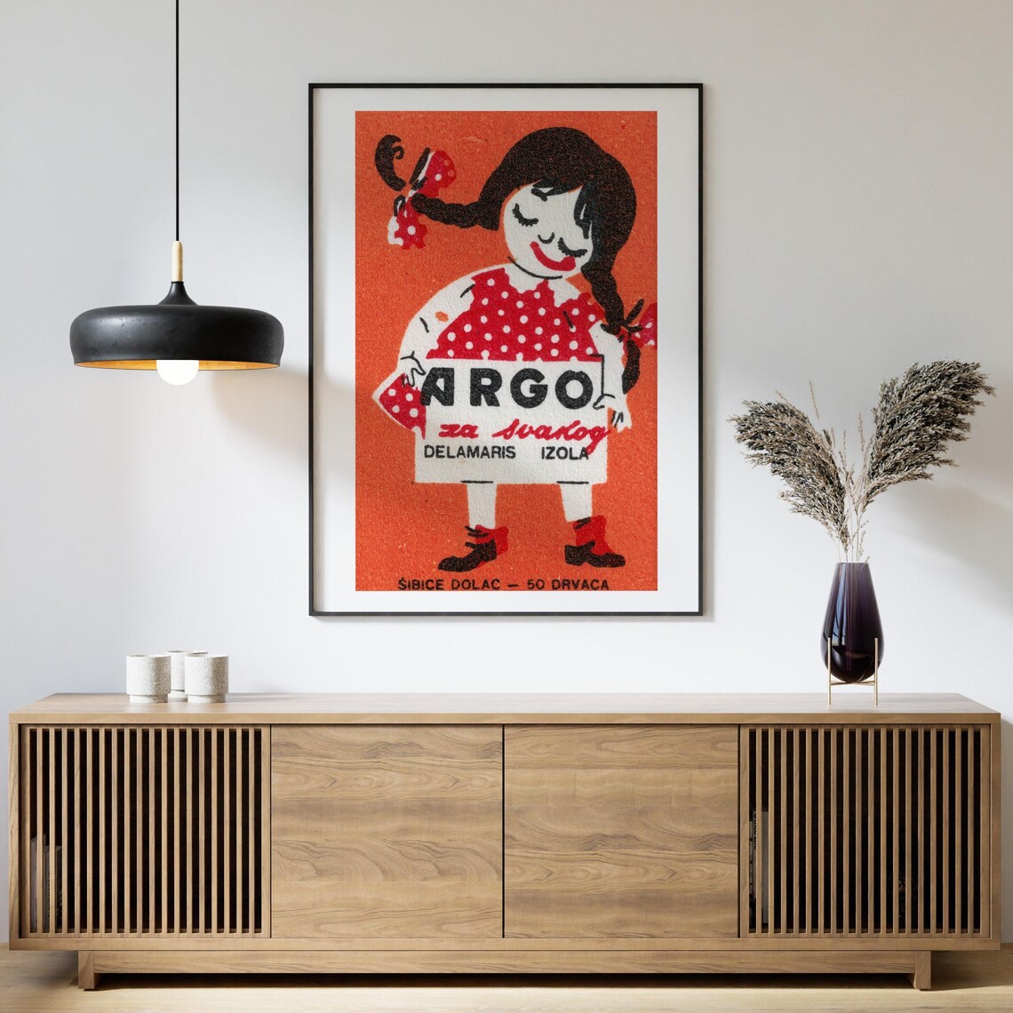 Argo Girl Red Polka Dot Dress Vintage Yugoslav Matchbox Poster - Image 4
