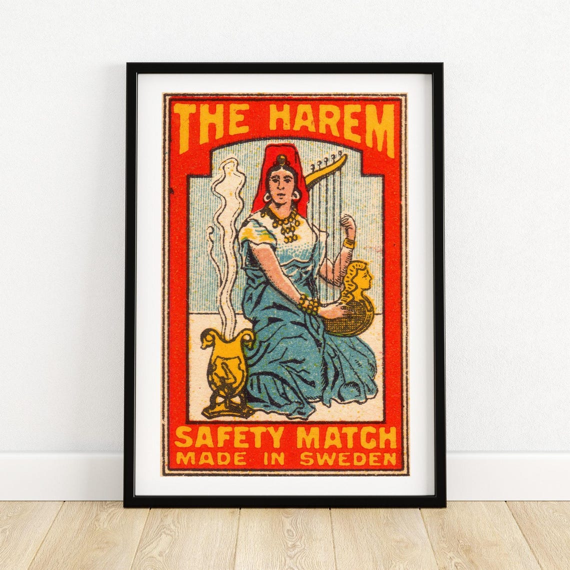 The Harem Harp Player Vintage Swedish Matchbox Label Art Poster