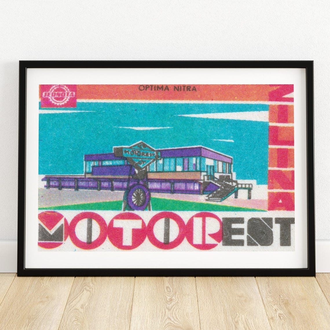 Motorest Optima Nitra Vintage Motorway Cafe Matchbox Label Art Poster