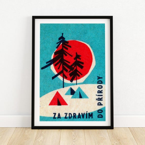Camping In The Snow Matchbox Print Aesthetic Wall Art Vintage Czech Art Matchbox Wall Poster Vintage Poster Print