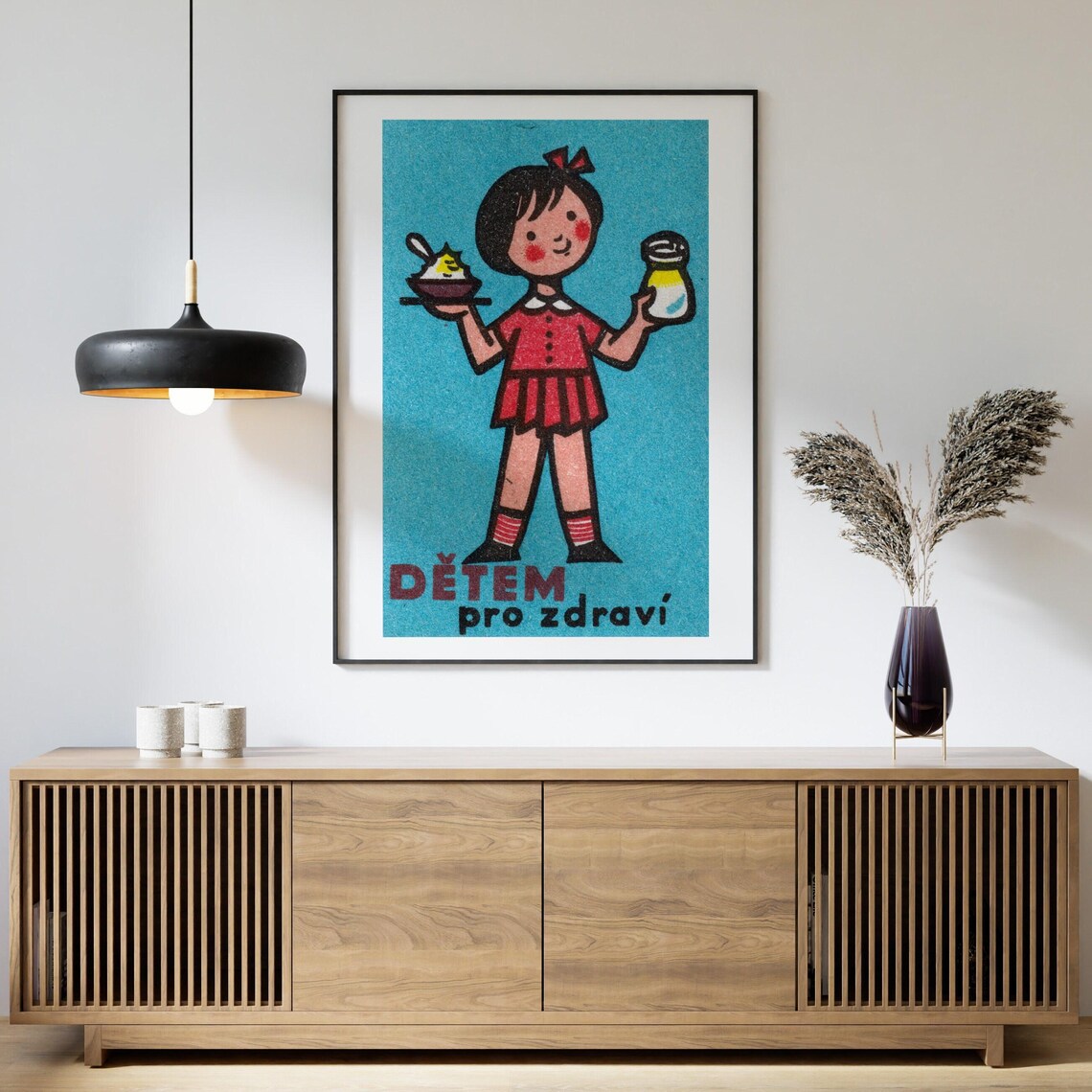 Girl With Yogurt Red Dress, Vintage Czech Poster Print