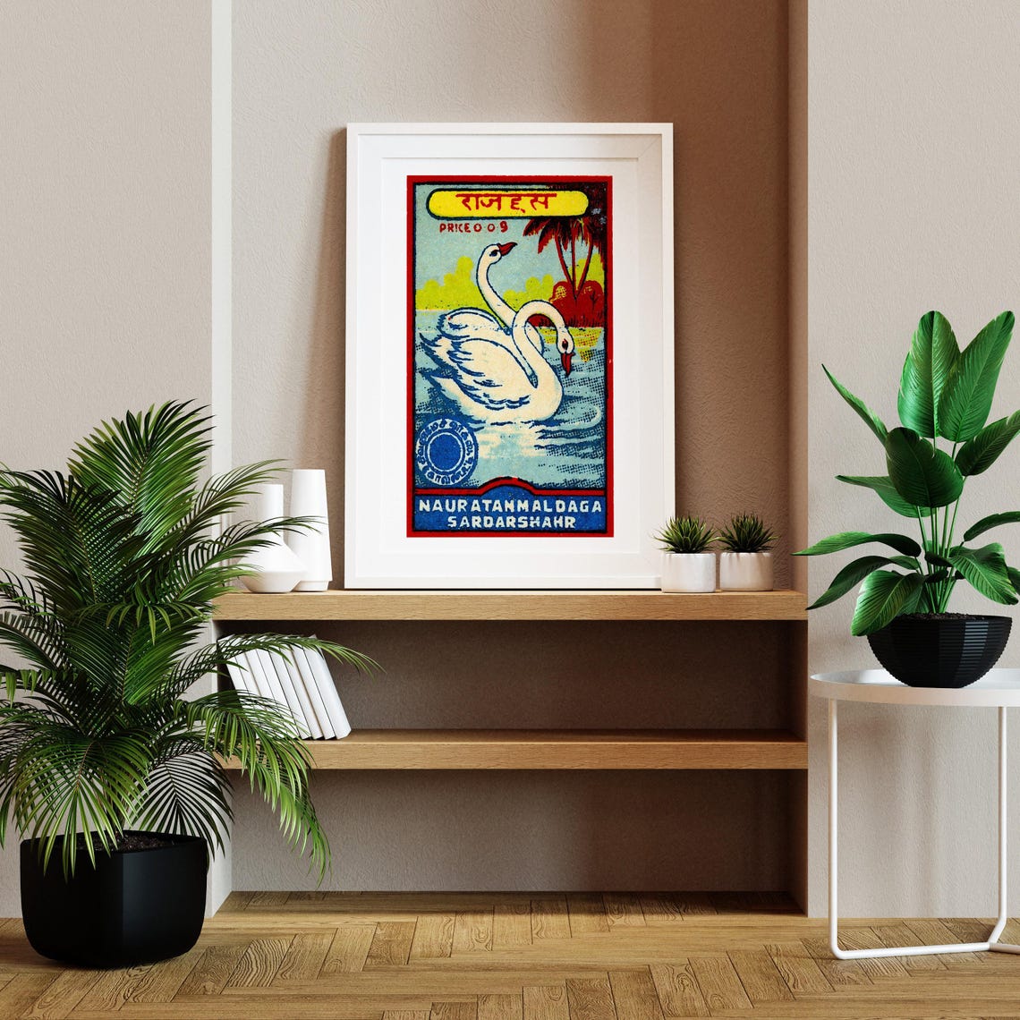 Two White Swans Indian Matchbox Label Rajhans Vintage Poster - Image 2