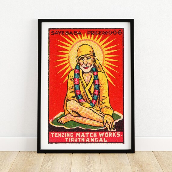 Sai Baba Matchbox Label Art Print Vintage Indian Folk Art Decor Colorful Wall Art Collectible Ephemera Spiritual Home Accent A4