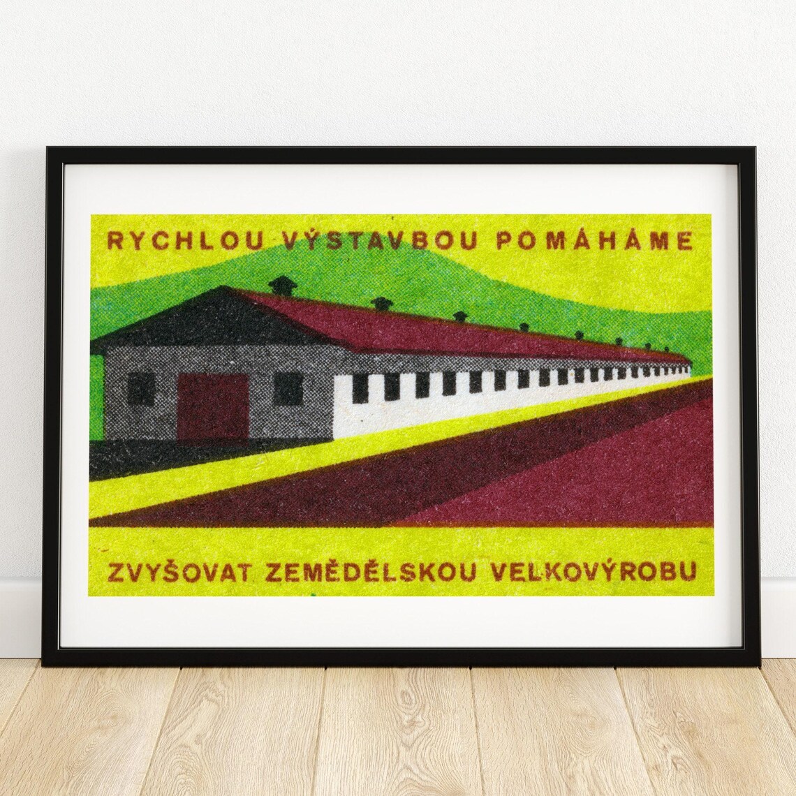 Long Farm Warehouse Agricultural Production Vintage Czech Label Poster