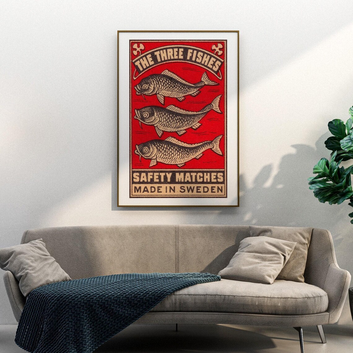 The Three Fishes Matchbox Print, Vintage Sweden Poster - Image 3
