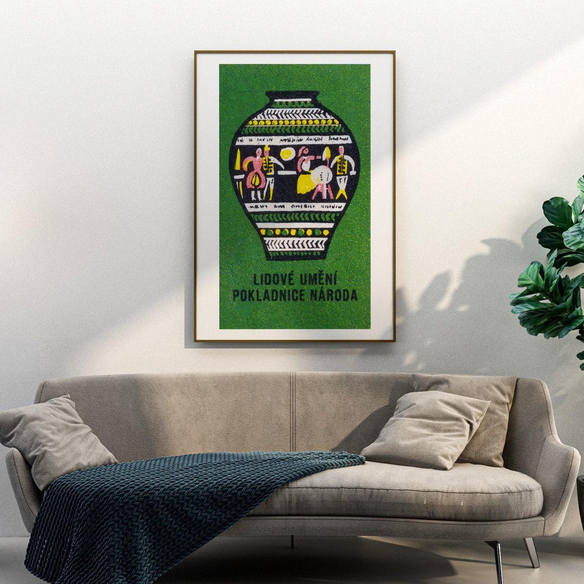 Czech Folk Art Decorated Vase Green Matchbox Label Folk Poster Art - Image 3
