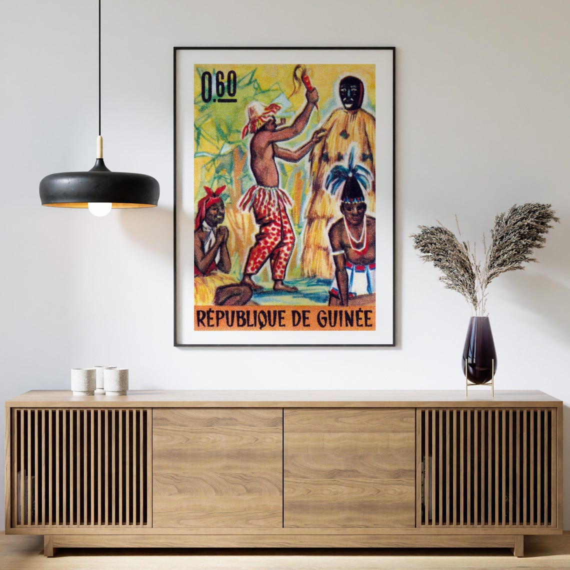 Guinea Tribal Ceremony Masked Dancer Vintage African Stamp Art Poster - Image 4