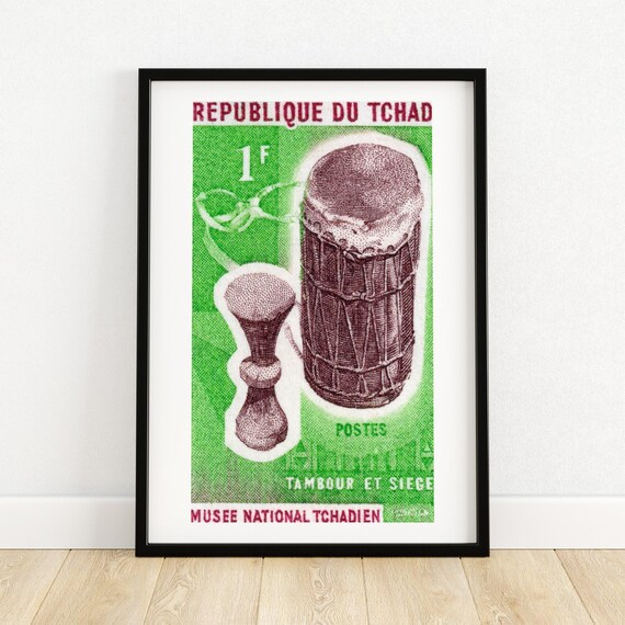 African Drums Vintage Chad Art Postage Stamp Print Aesthetic Wall Art Postage Stamp Wall Poster Vintage African Art