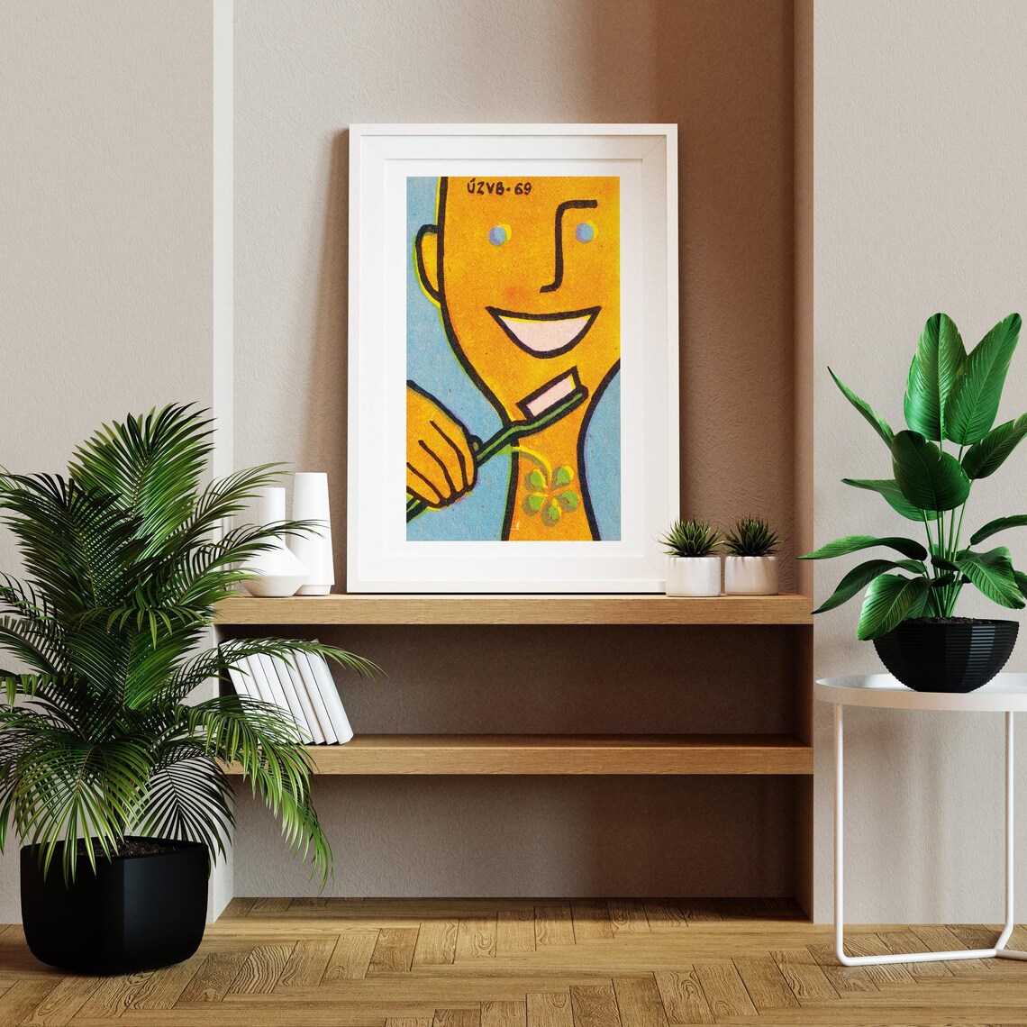 Brushing Teeth Matchbox Label Yellow Cartoon Dental Art Poster - Image 2