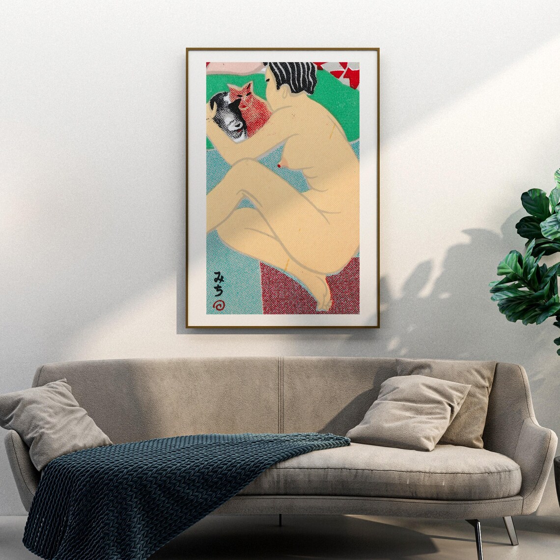 Japanese Woman Cuddling Cats Woodblock Style Nude Figure Wall Art - Image 3