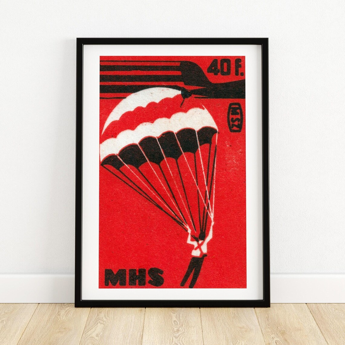 Bold Red Parachutist Jumping Vintage Matchbox Label Art Poster