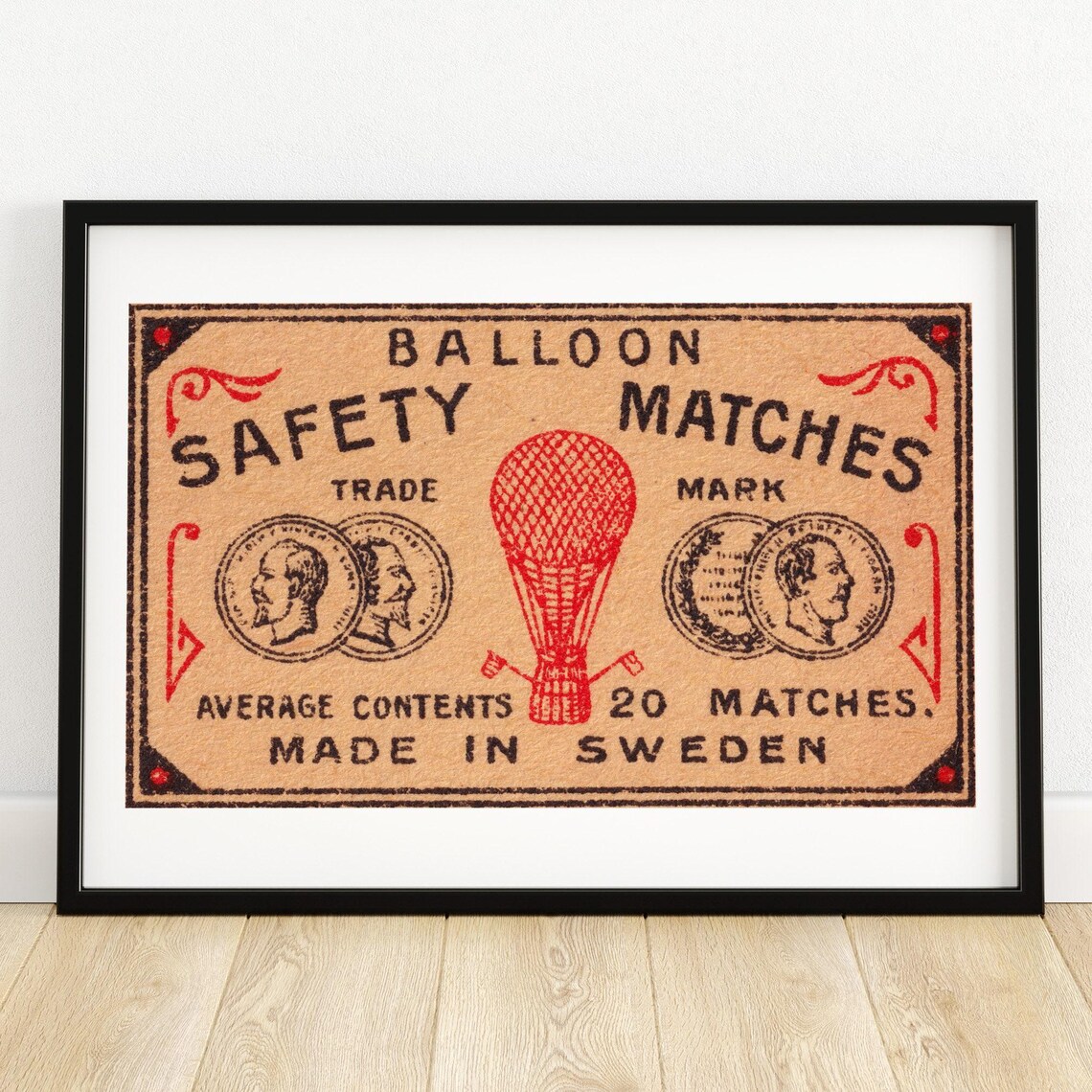 Red Hot Air Balloon Vintage Swedish Matchbox Label Art Poster