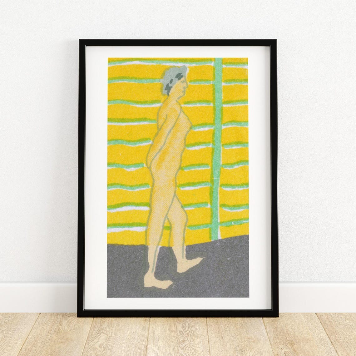 Walking Woman Yellow Green Stylized Figure Vintage Art Print