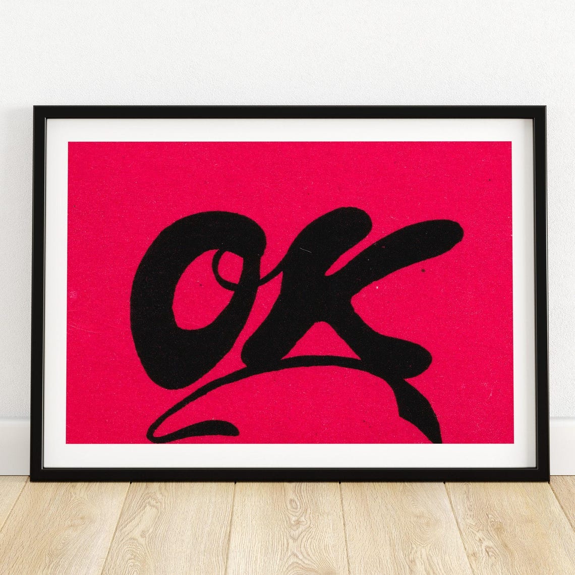Giant OK Black Script Lettering Red Minimalist Vintage Art Poster