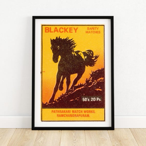 Black Horse Matchbox Art Print Vintage Indian Design Retro Wall Decor Unique Gift Idea Bold Graphic Poster A4