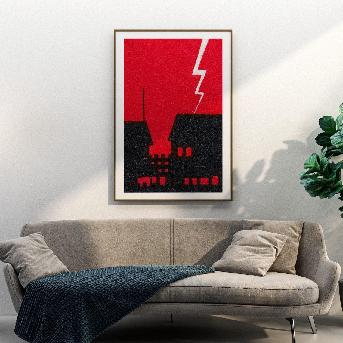 Lightning Strike Over House Black Red Dramatic Storm Night Art Poster - Image 3