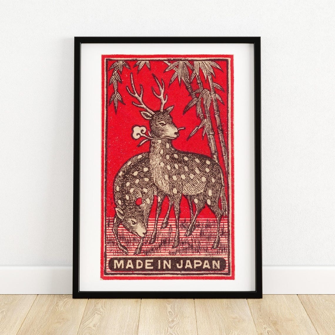 Spotted Deer Bamboo Made In Japan Vintage Red Japanese Wildlife Poster