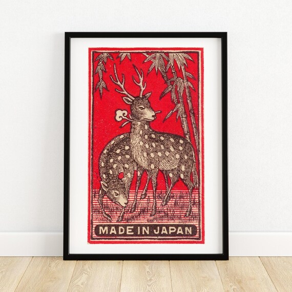 Spotted Deer Bamboo Made In Japan Vintage Red Japanese Wildlife Poster