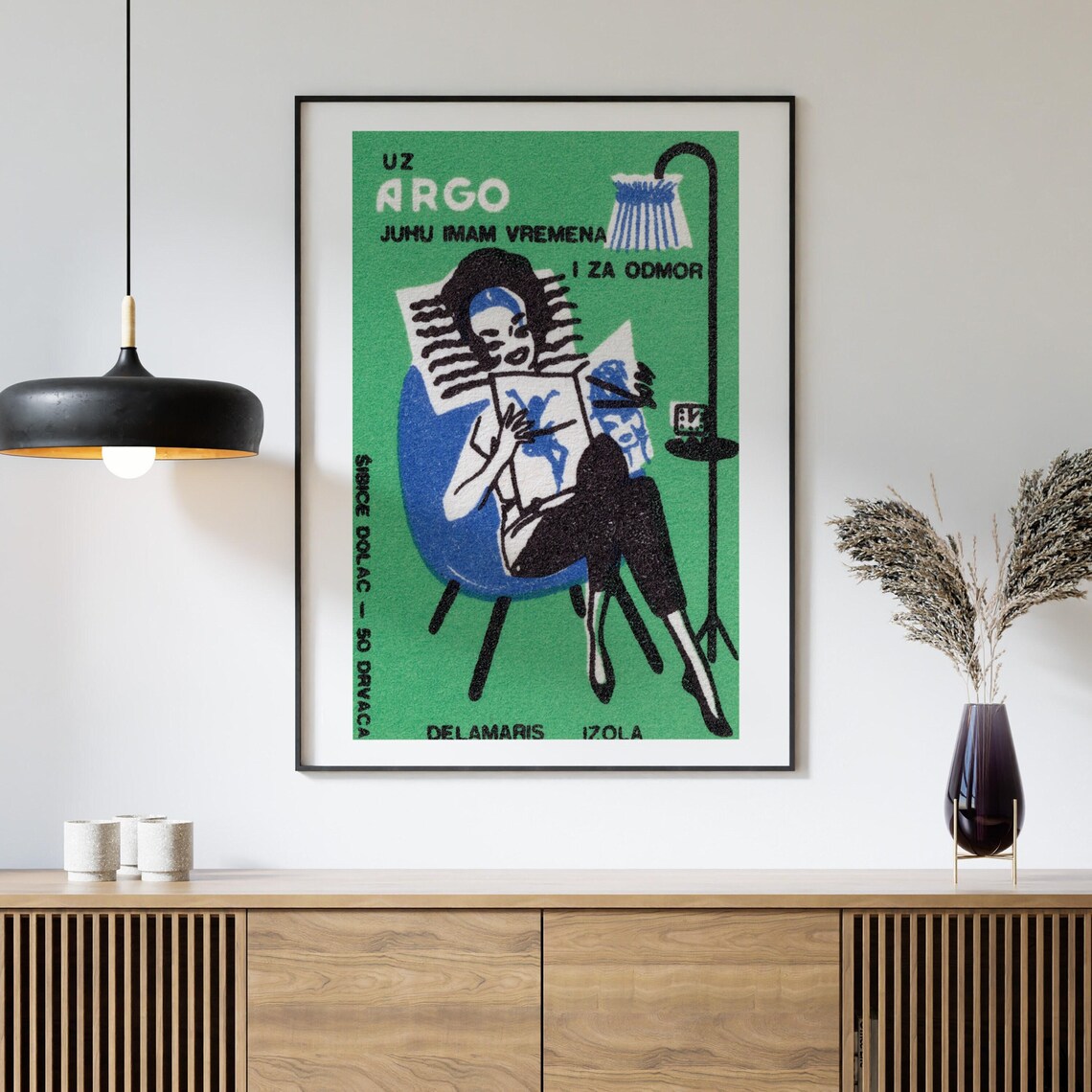 Yugoslavian Argo Matchbox Label Woman Reading in Armchair Vintage Style Poster - Image 4