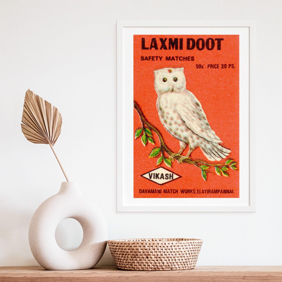 Laxmi Doot White Owl Vintage Indian Matchbox Label Art Poster - Image 4