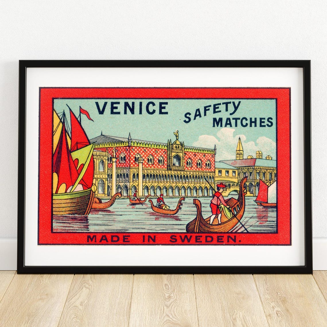 Venice Gondolas Canal Vintage Swedish Matchbox Label Art Poster