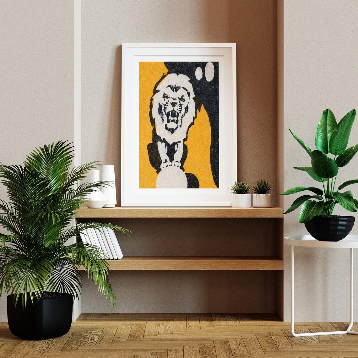 Roaring Lion on Ball Yellow Vintage Matchbox Art Poster Circus - Image 2