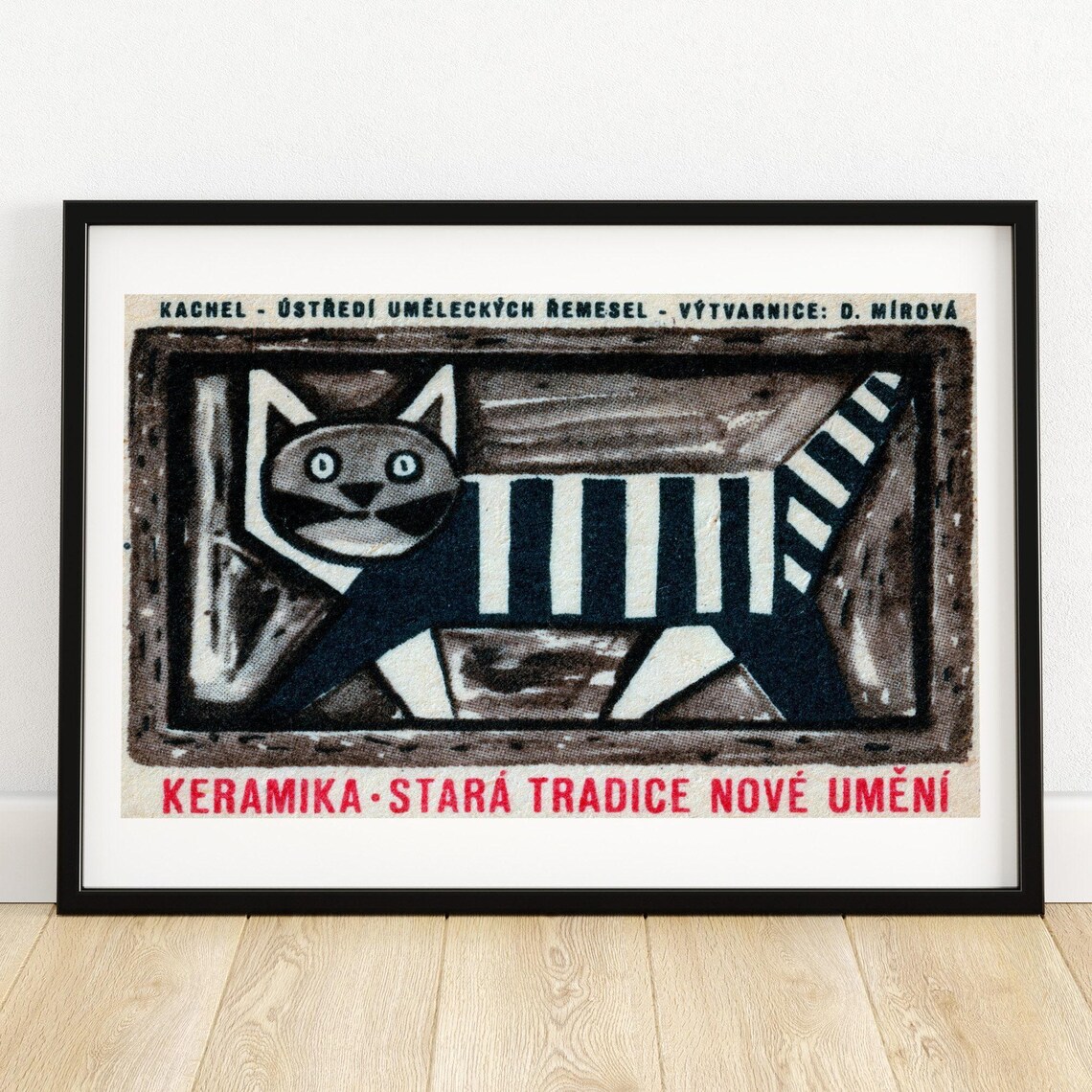 Black Striped Cat Matchbox Vintage Czech Poster