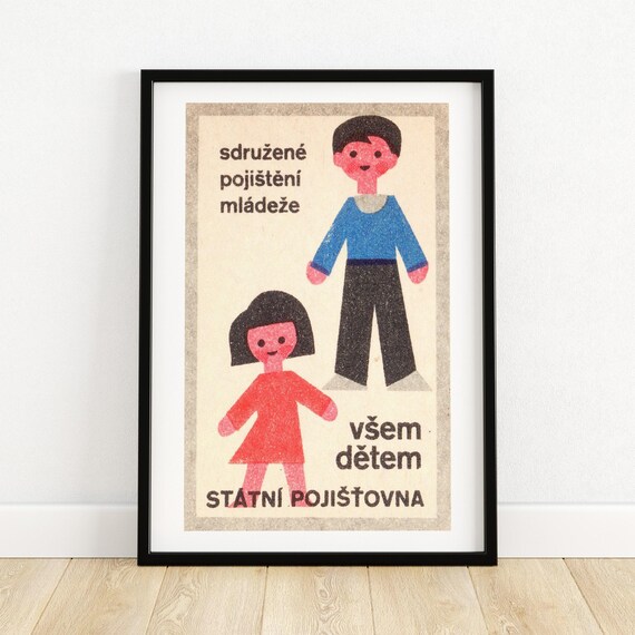 Childrens Czech Art Print Mid Century Kids Poster Vintage State Insurance Design Playful Home Decor Collectible Wall Art A4