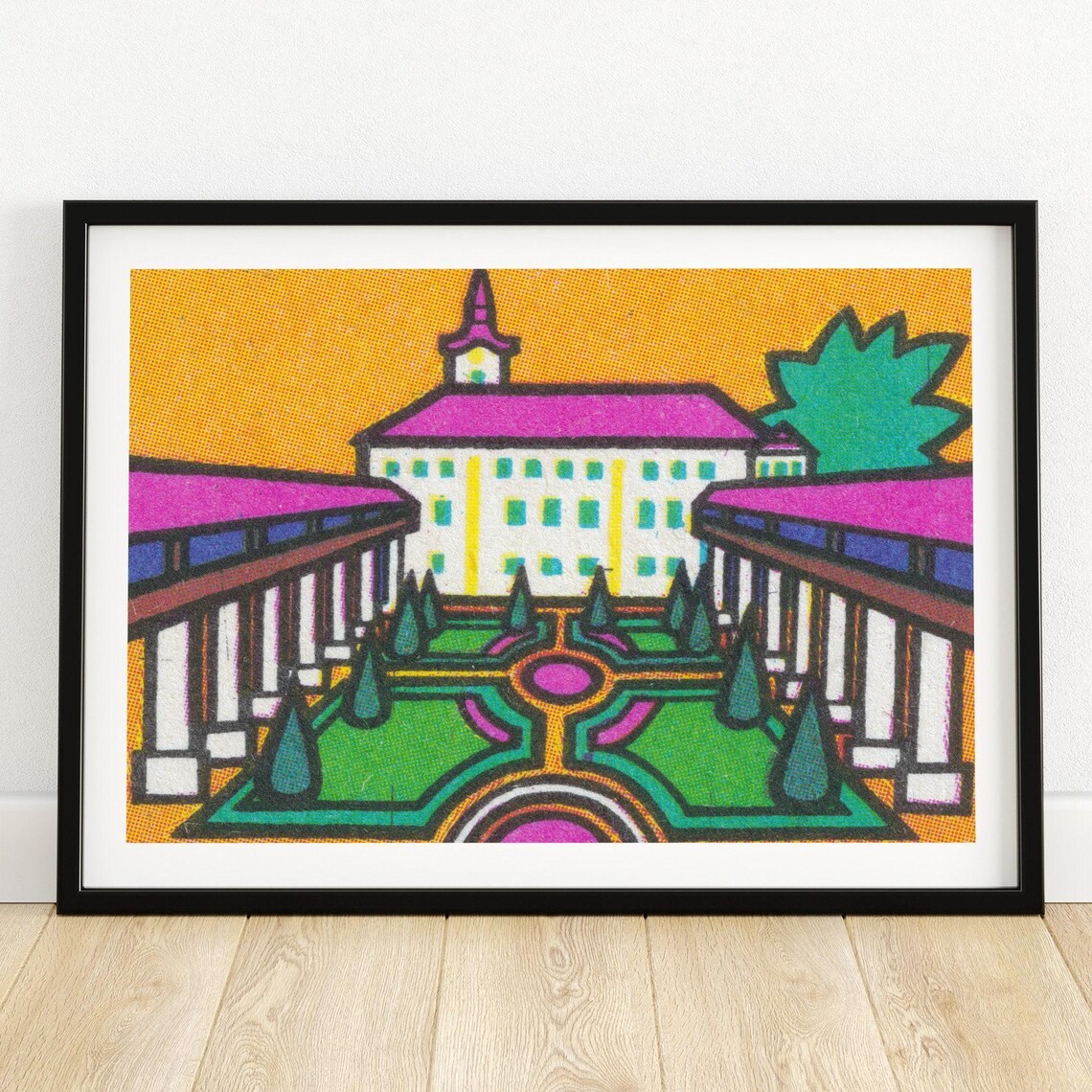 Purple Roofs Grand Manor Garden Vintage Czech Matchbox Art Poster