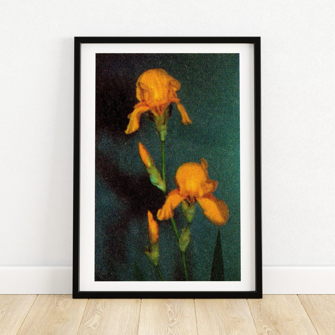 Golden Yellow Iris Flower Dark Teal Botanical Photo Vintage Poster