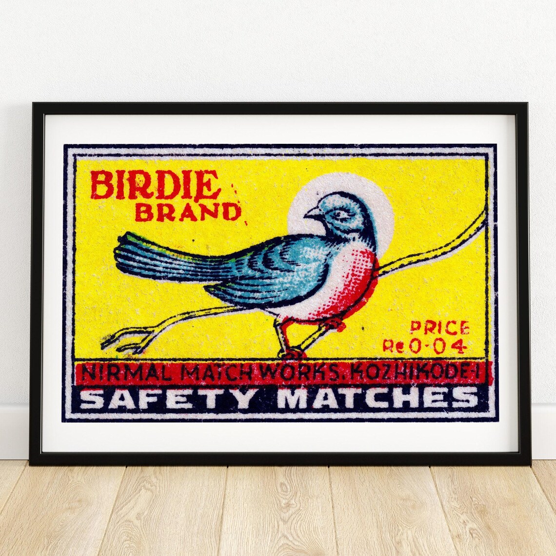 Birdie Brand Red Breasted Bird Perch Vintage India Match Poster
