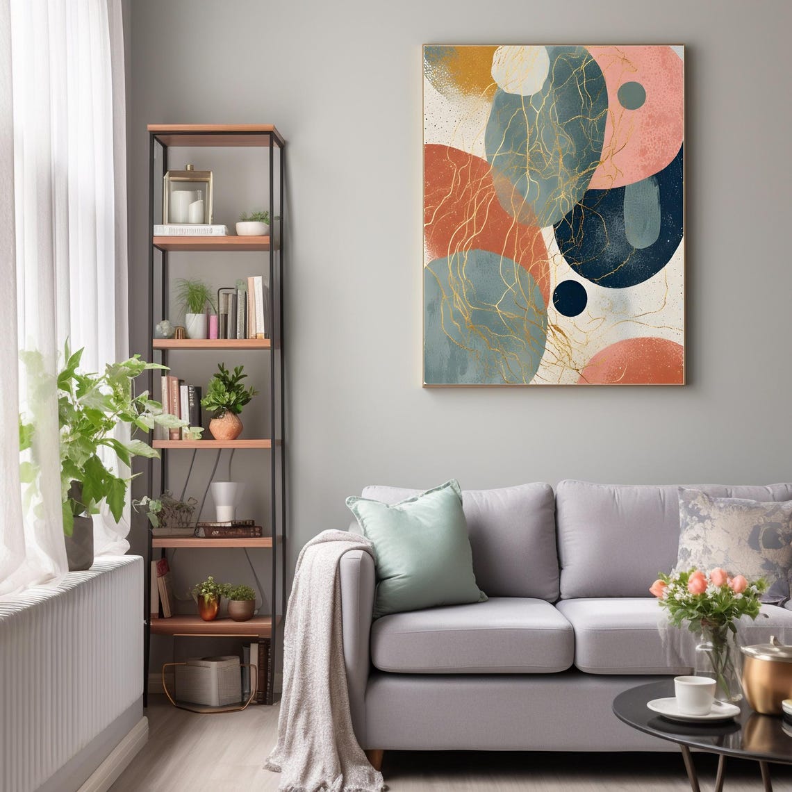 Blue Coral Abstract Organic Circles Gold Veins Elegant Modern Poster