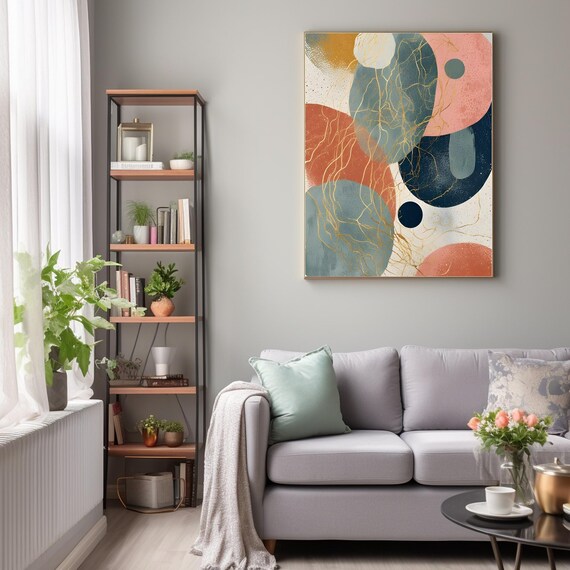Modern Abstract Design With Circular Shapes In Soft Hues Of Blue And Coral Elegant Art For Wall Decor