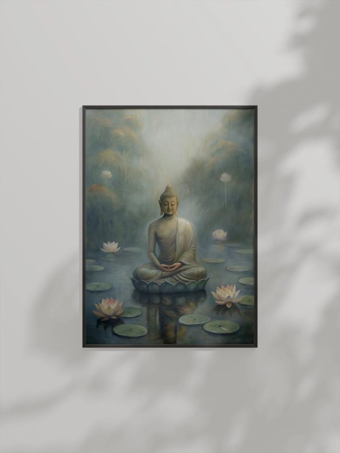 Serene Buddha Meditating On Lotus Flower In Misty Pond Poster