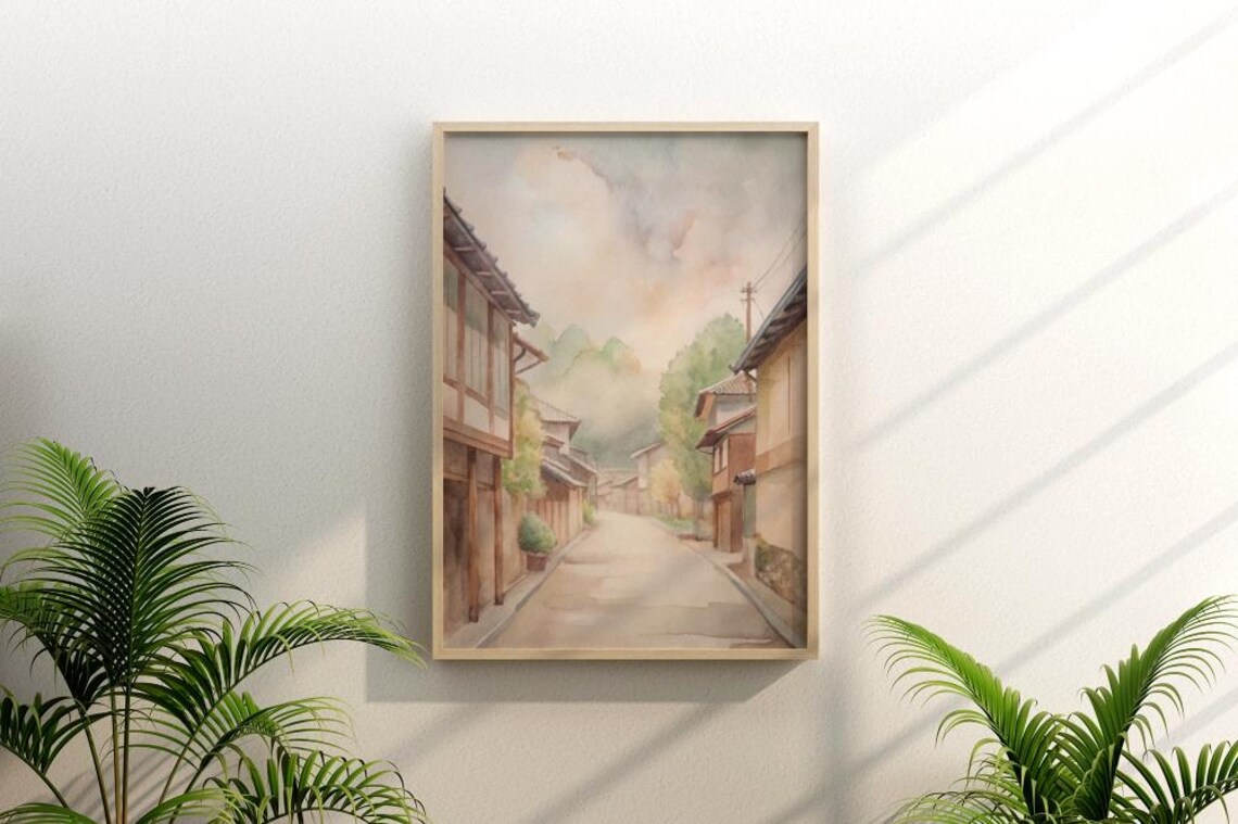Japanese Village Street Watercolor Traditional Houses Misty Poster Art