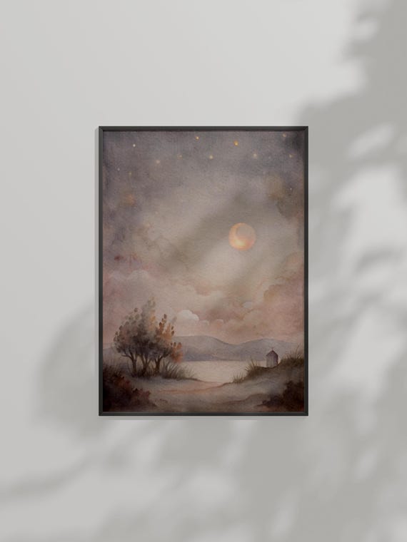 Moonlit Landscape Watercolor Art Peaceful Night Sky Wall