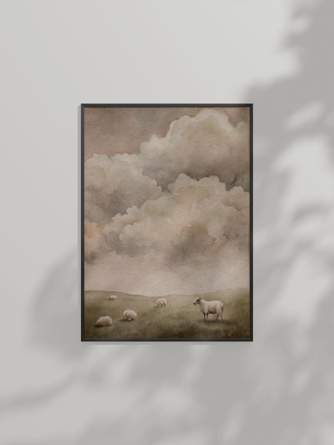 Minimalist Sheep Pasture Watercolor Soft Clouds Muted Farm Poster Art