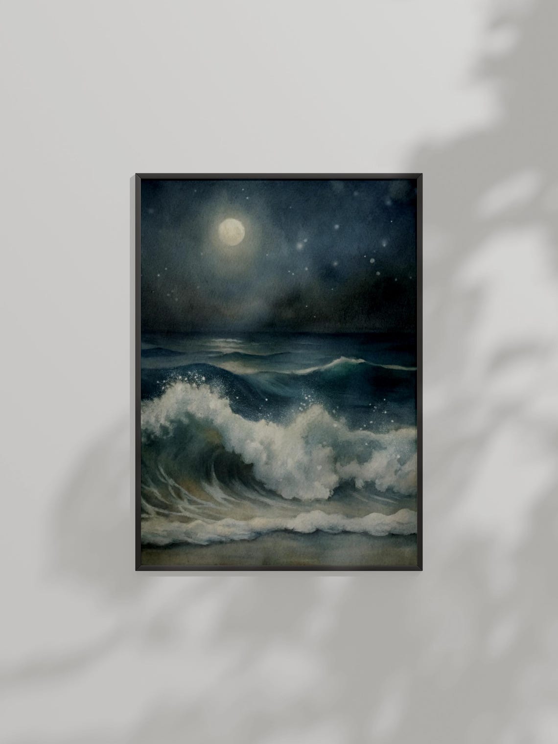 Moonlit Ocean Waves Watercolor Full Moon Night Seascape Poster Art