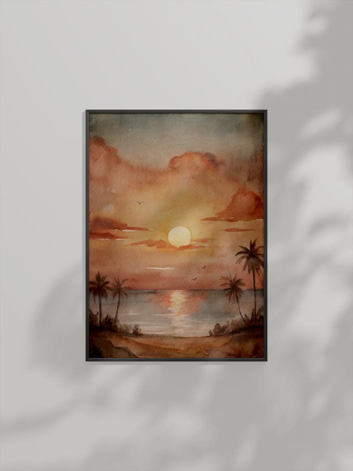Tropical Sunset Watercolor Palm Trees Over Calm Ocean At Dusk Poster