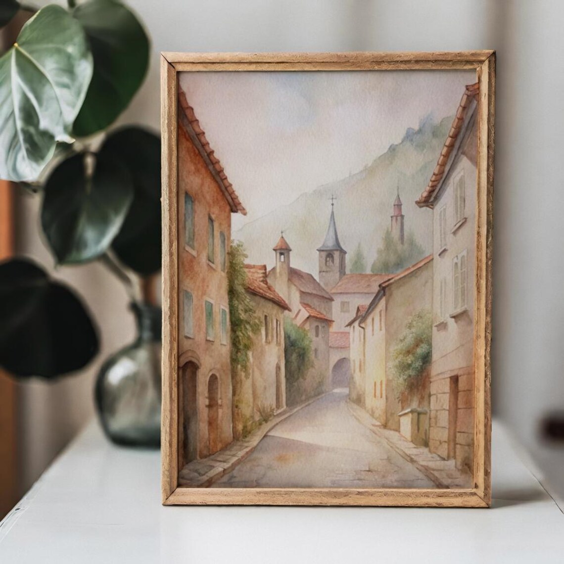 Charming European Village Street Watercolor With Church And Mountains Poster