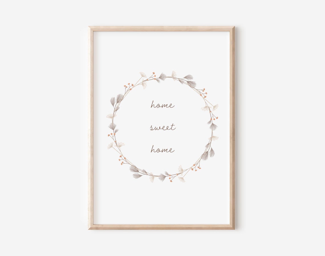Home Sweet Home Botanical Wreath Elegant Script Quote Art Print