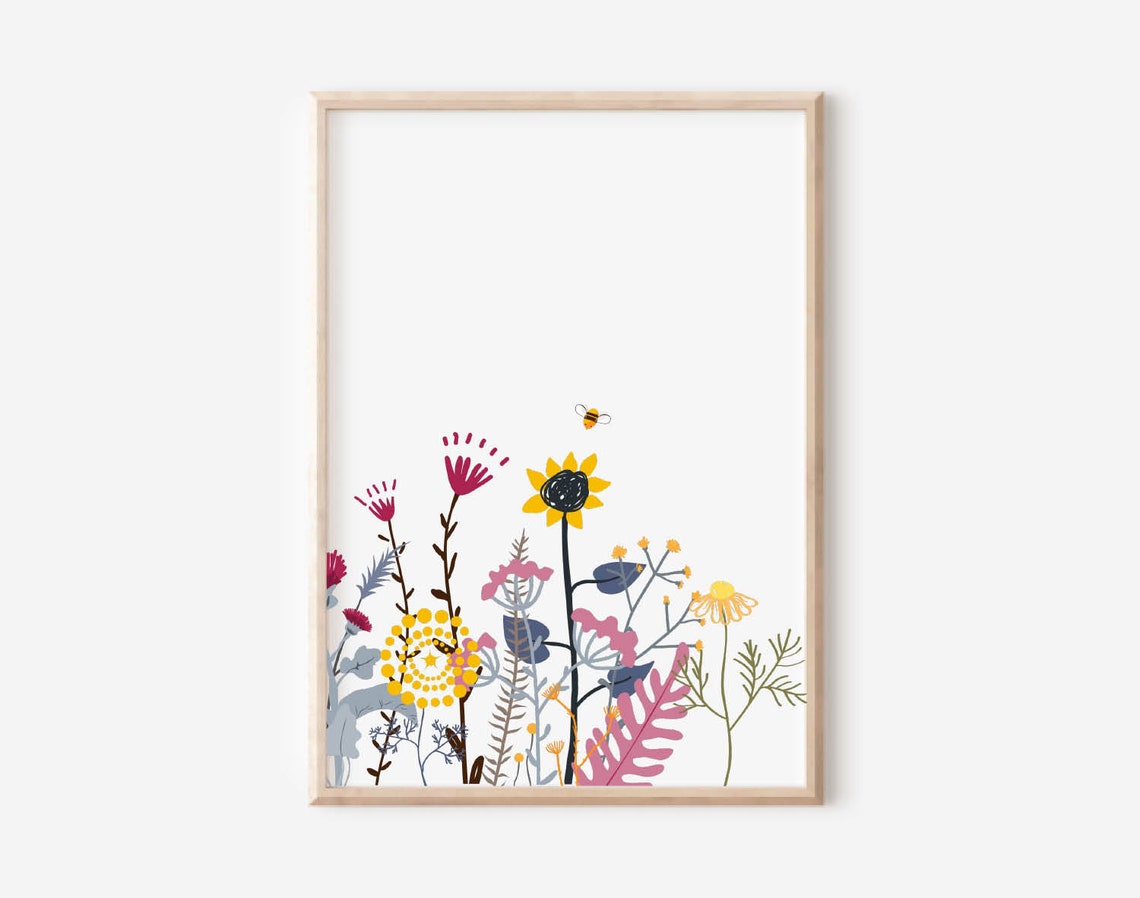 Colorful Wildflower Meadow Sunflowers And Bees Botanical Poster - Image 2