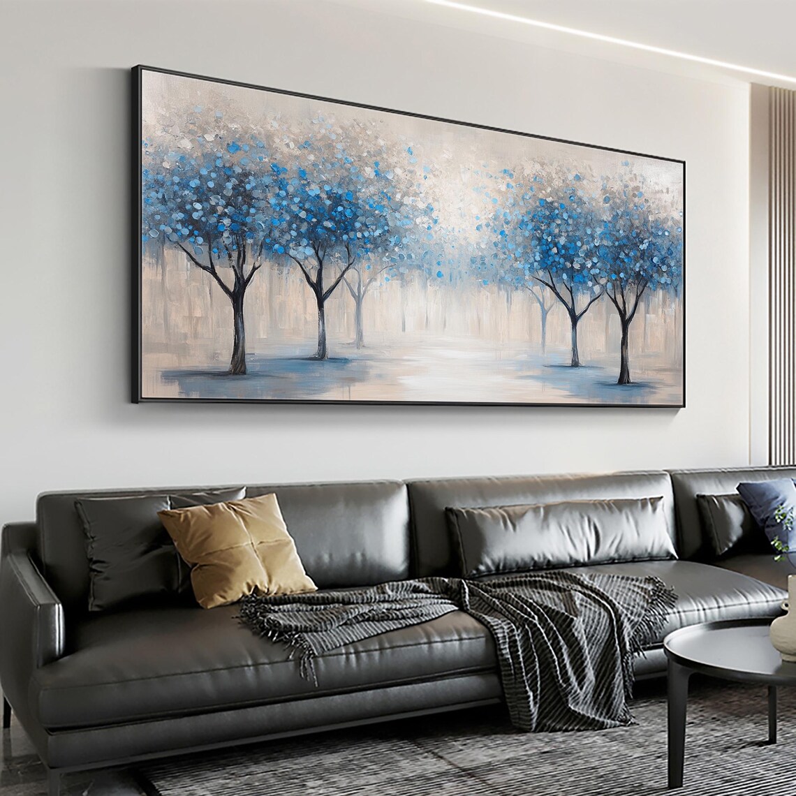 Original Blue Forest Oil Painting Large Tree Wall Art Decor Natural Landscape Painting Custom Modern Wall Art Living Room Decor - Image 4