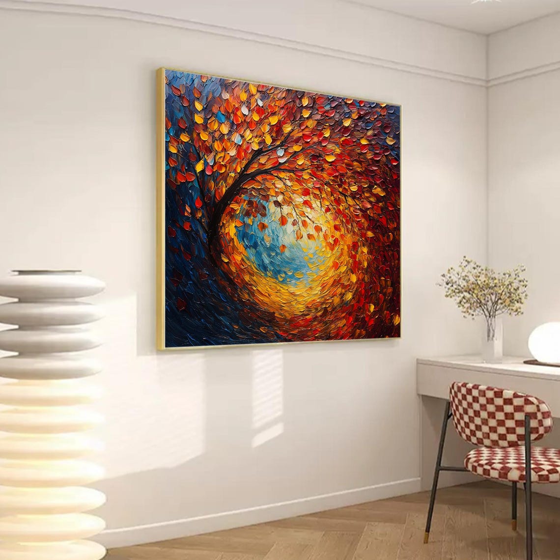 Swirling Autumn Tree Spiral of Red Orange Leaves on Blue Wall Art - Image 4