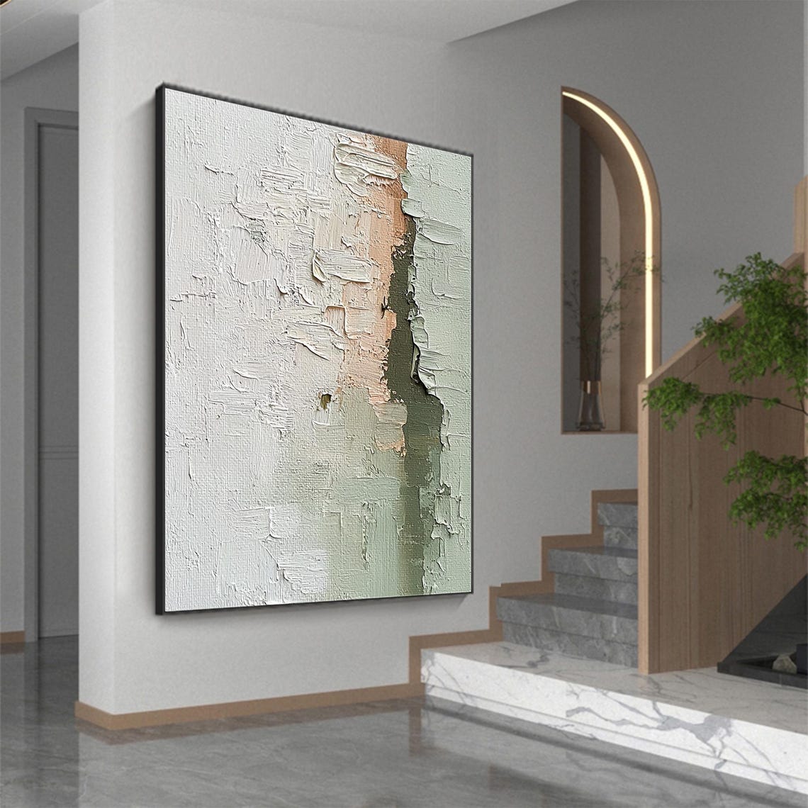 White Plaster Abstract with Beige Patch and Green Edge Wall Art - Image 3