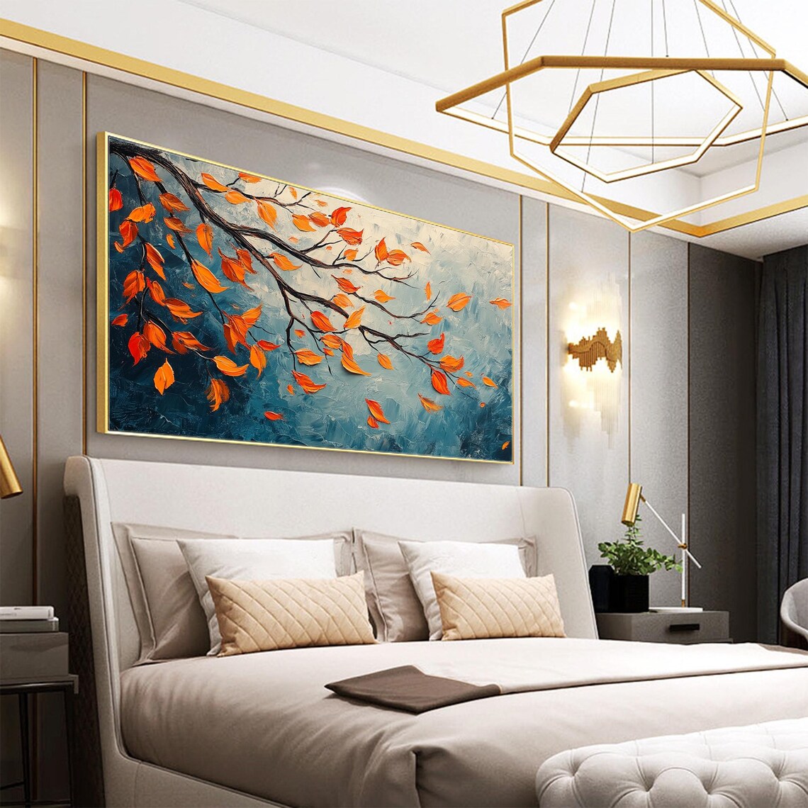 Stormy Autumn Branch with Red Orange Leaves on Teal Sky Wall Art - Image 3