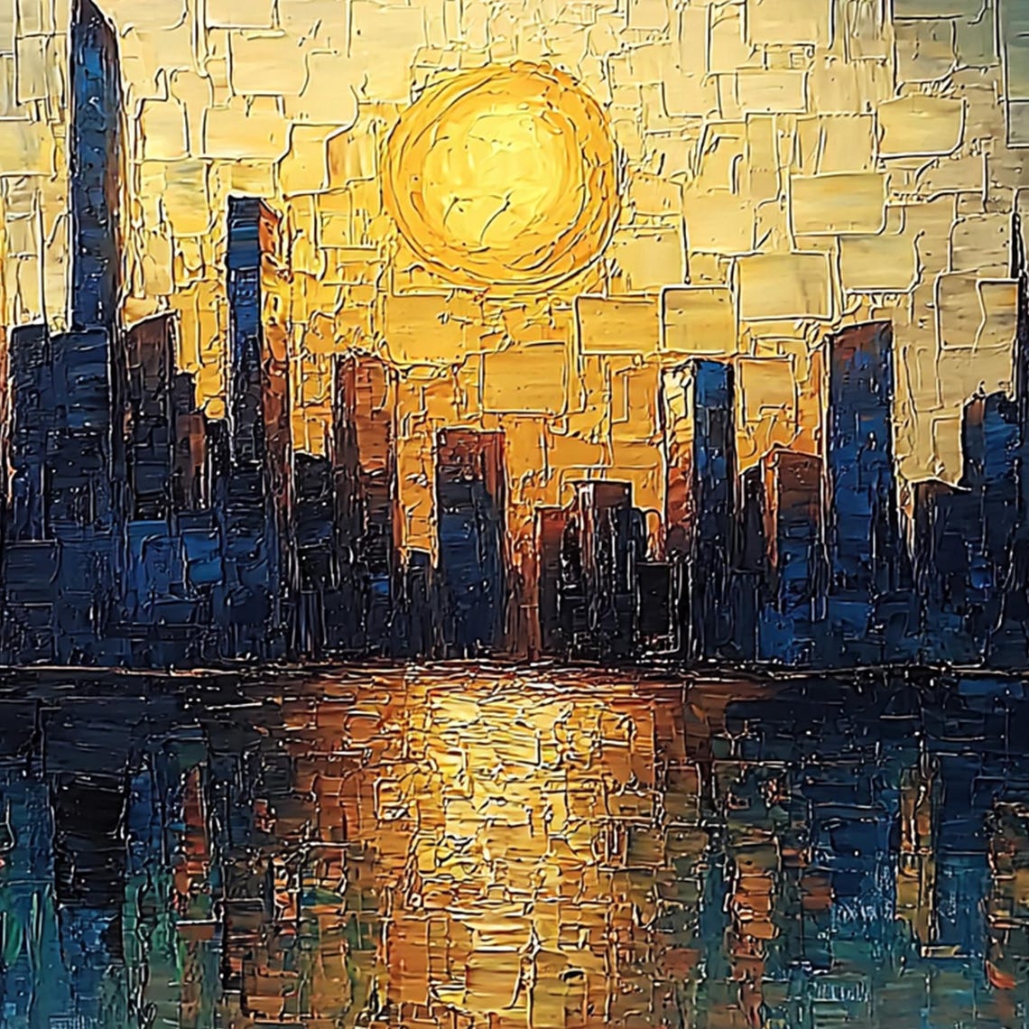 Sunset City Skyline Under Golden Sun with Water Reflection Wall Art - Image 3