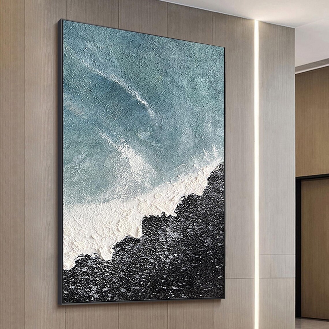 Stunning Aerial Ocean Wave Over Black Sand Beach Textured Wall Art - Image 4