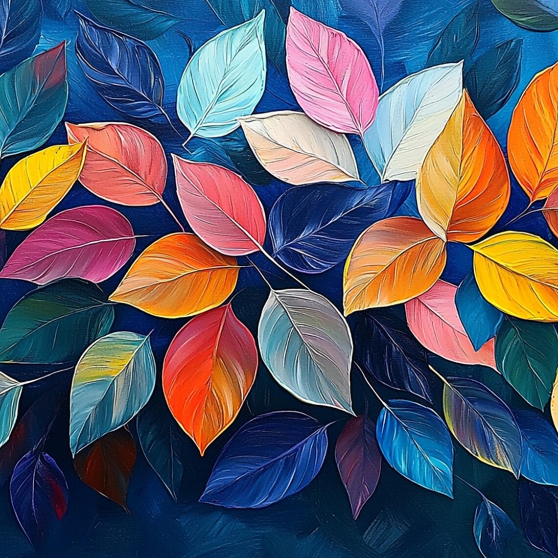Colorful Autumn Leaves Scattered on Midnight Blue Botanical Wall Art - Image 4