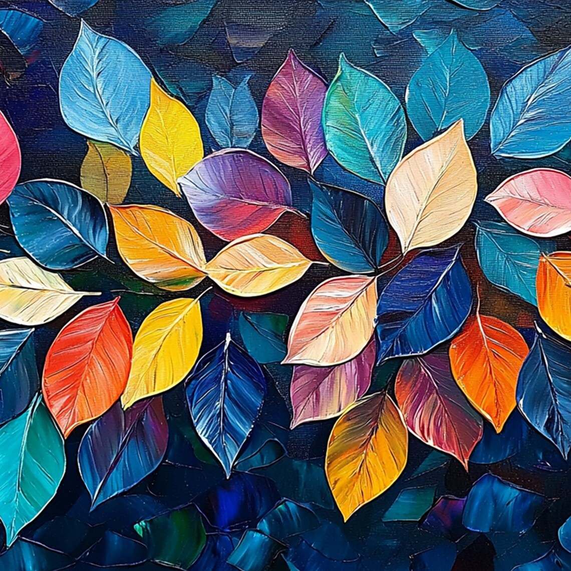 Vibrant Rainbow Leaves Cluster on Dark Blue Abstract Wall Art - Image 4